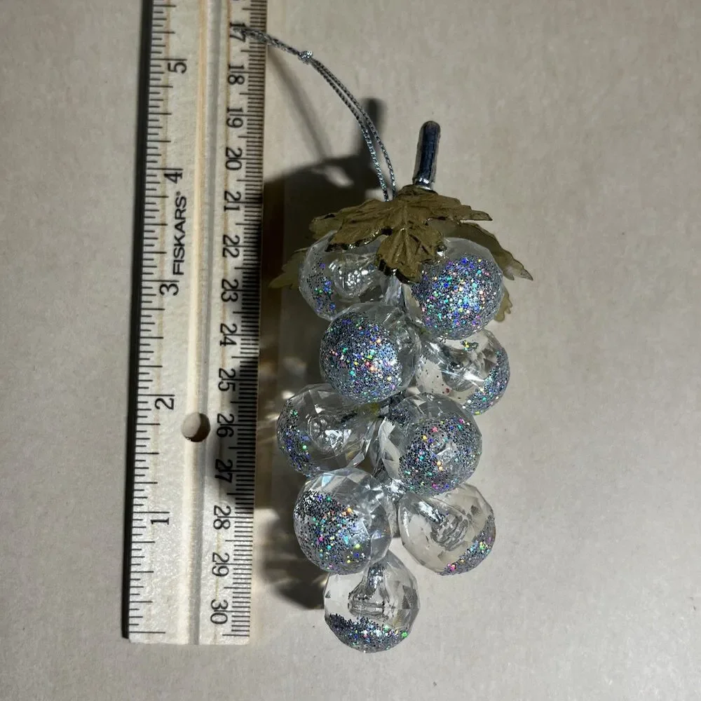 Set of 5 Acrylic Iridescent Glitter Christmas Tree Ornaments Santa, Bear, Grapes